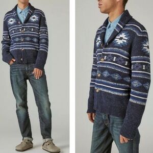 Lucky Brand Legacy Shawl Collar Button Front Cardigan Blue Aztec Print Size M